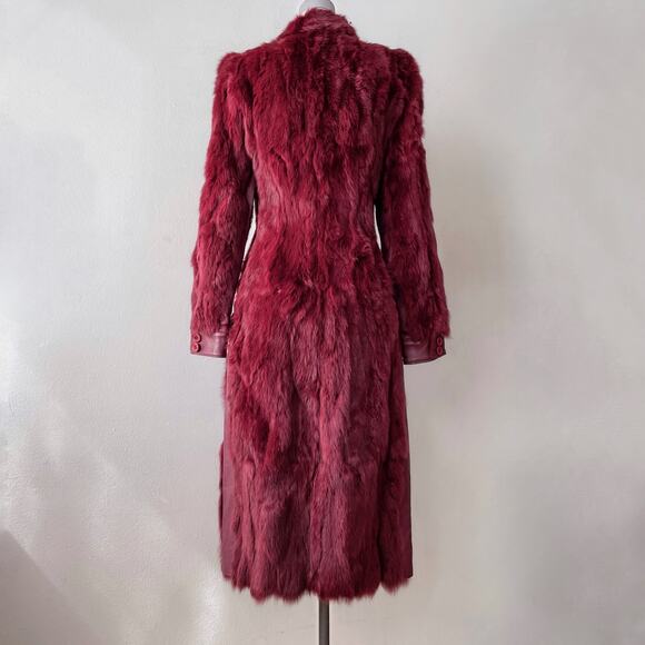 Vintage 70s Genuine Rabbit Fur & Leather Coat Long Jacket Sz M Maroon Burgundy - Picture 10 of 12